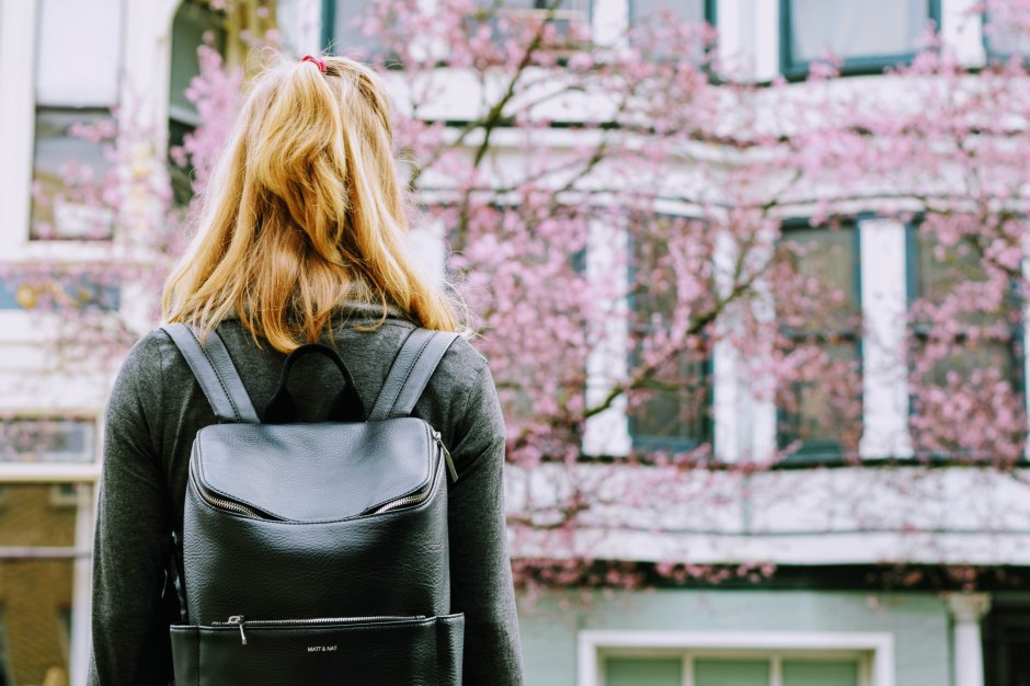 Fruit tree in blossom on a city street, seen over the shoulder ogf a woman wearing a backpack
