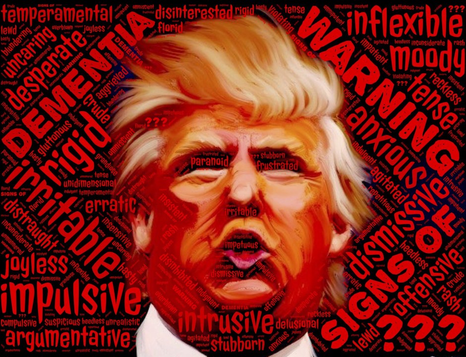 Artist rendering of Donald Trum'ps head, surrounded by words in red, such as rigid, joyless, dementia, warning, anxious, irritable, defensive.