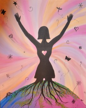 An acrylic paintings of a woman's silhouette with her legs turning into roots reaching into the ground, arms raised and spread, and her heart cut out of the silhouette so the pink and orange background studded with small nature shapes shows through. 