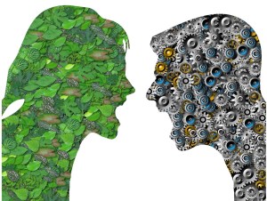 A woman's silhouette made of leaves and a man's silhouette made of gears are shouting at each other.