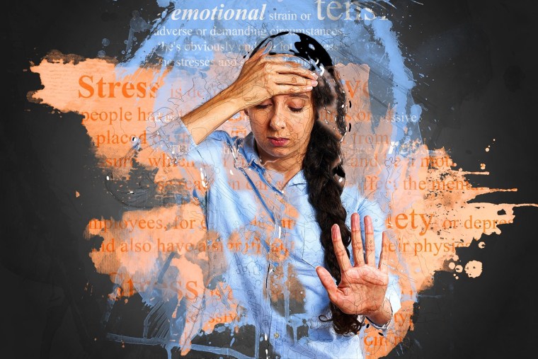 A woman with closed eyes holds one hand on her forehead while the other hand pushes away in front of her. She is surrounded by words associated with stress and anxiety.